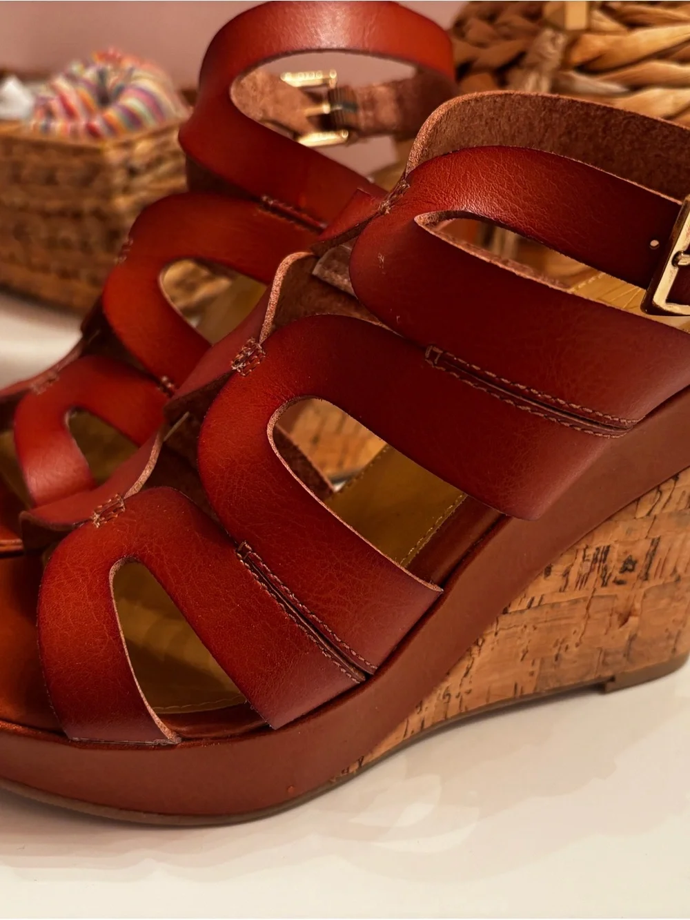 Material Girl Cognac Wedge Sandals with Cork Platform